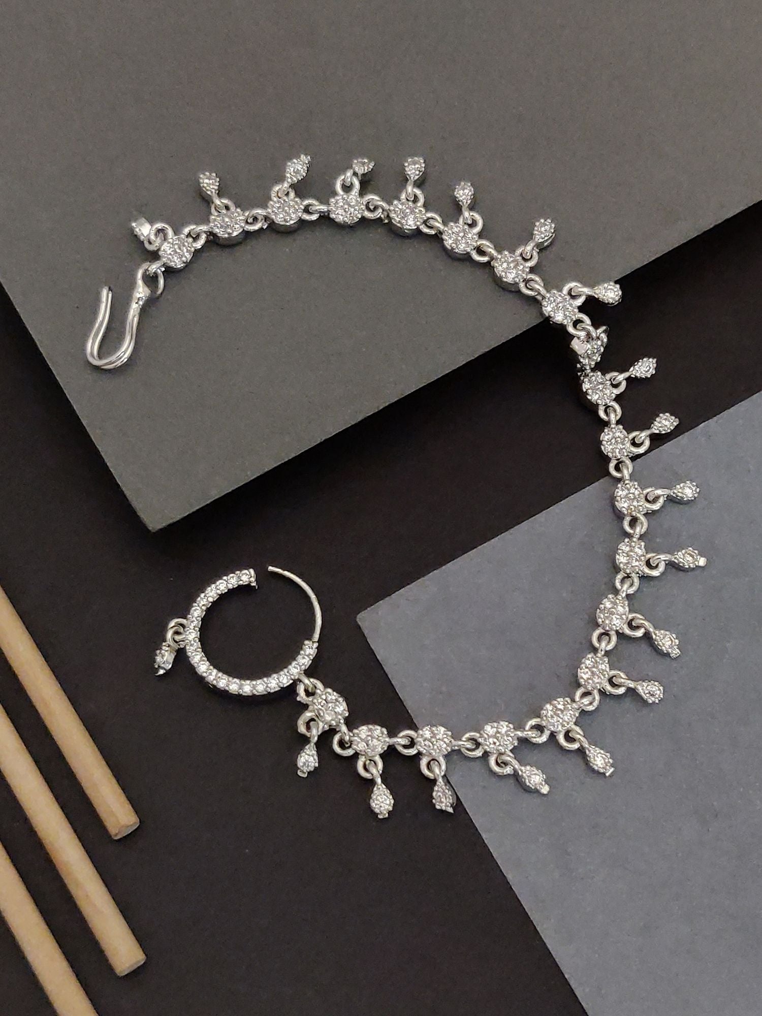 Abdesigns Silver Plated American Diamond Nose Chain