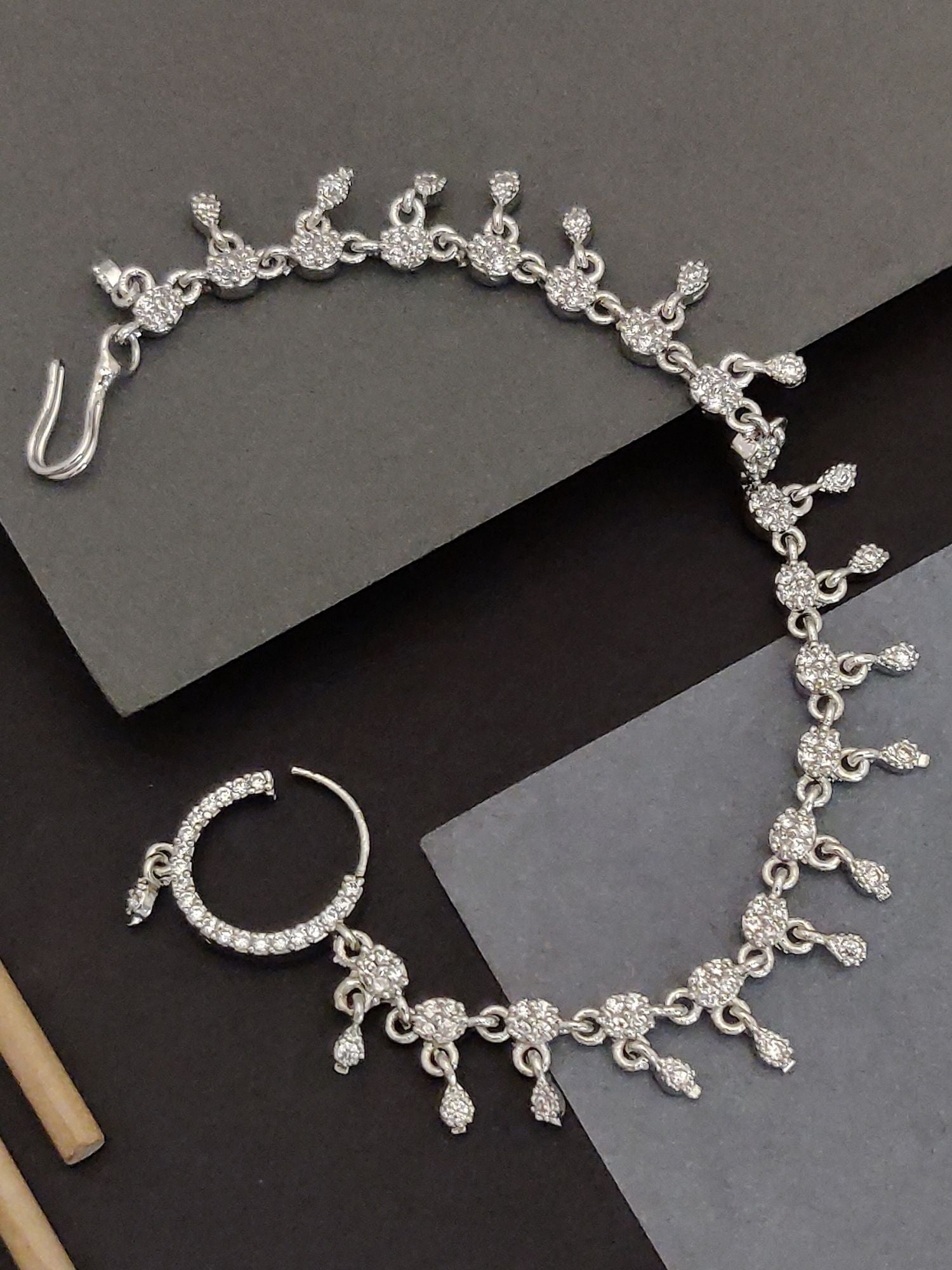 Abdesigns Silver Plated American Diamond Nose Chain