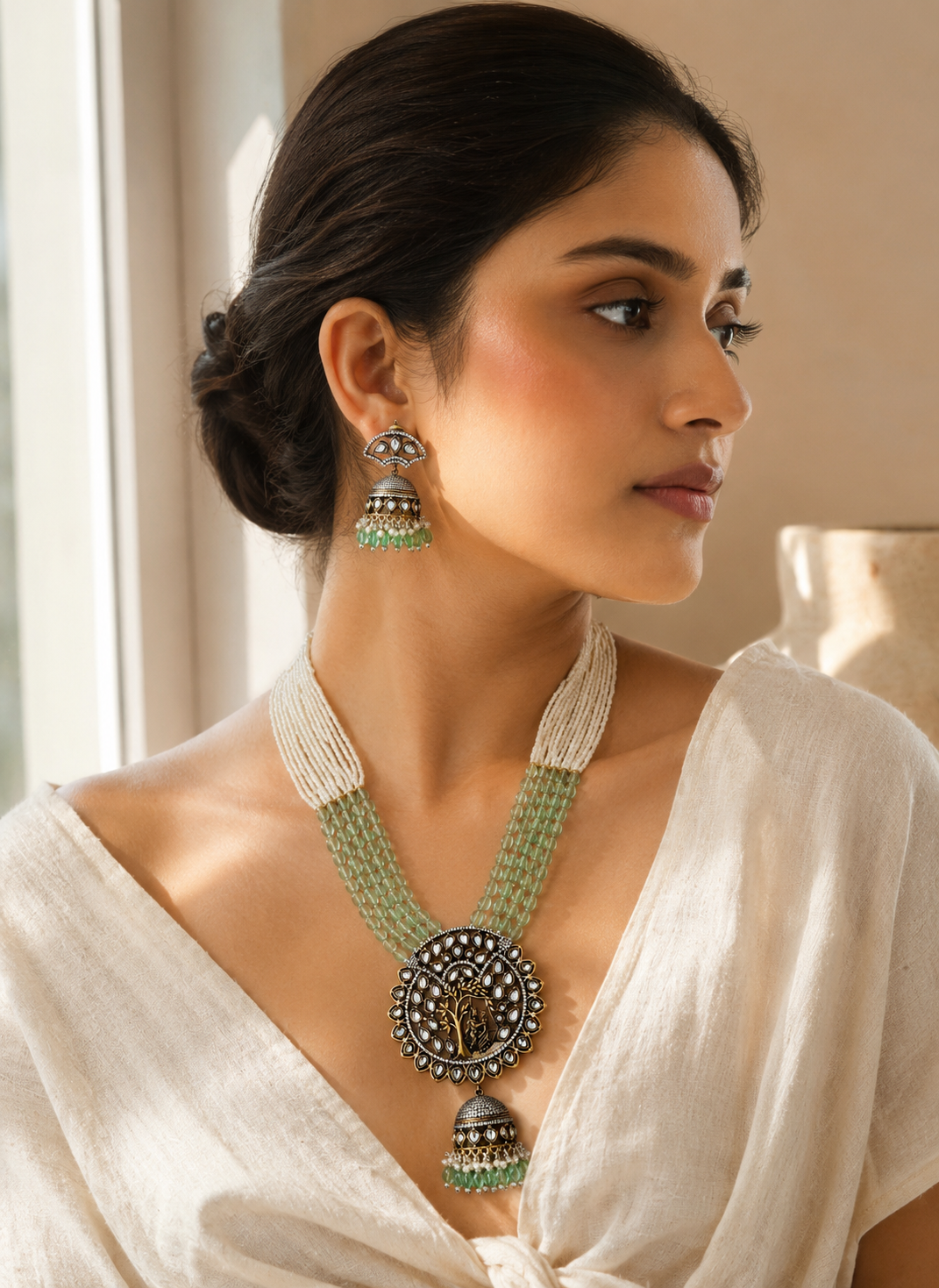 Traditional Polki Beaded Long Necklace Set – Royal Ethnic Glam - necklace by Abdesigns Jewellery