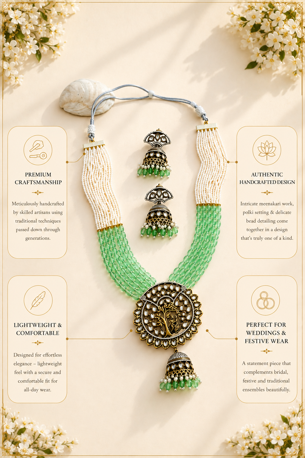 Traditional Polki Beaded Long Necklace Set – Royal Ethnic Glam - necklace by Abdesigns Jewellery