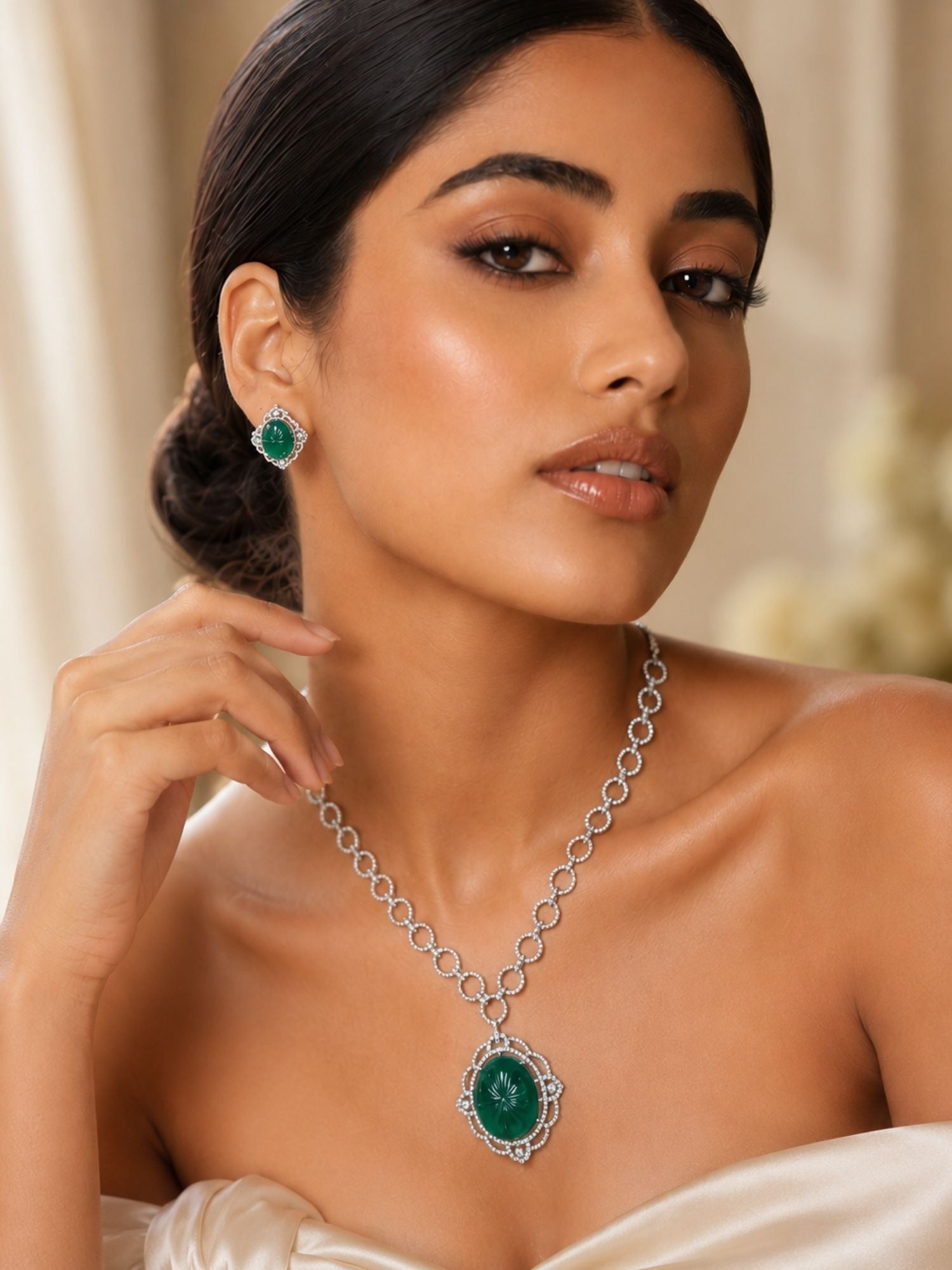 Silver Plated Pendant Necklace Set – Emerald Elegance | Abdesigns