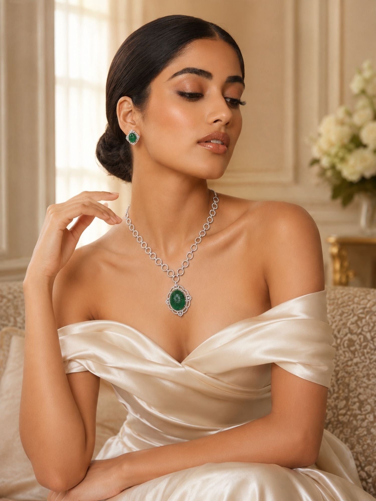 Silver Plated Pendant Necklace Set – Emerald Elegance | Abdesigns