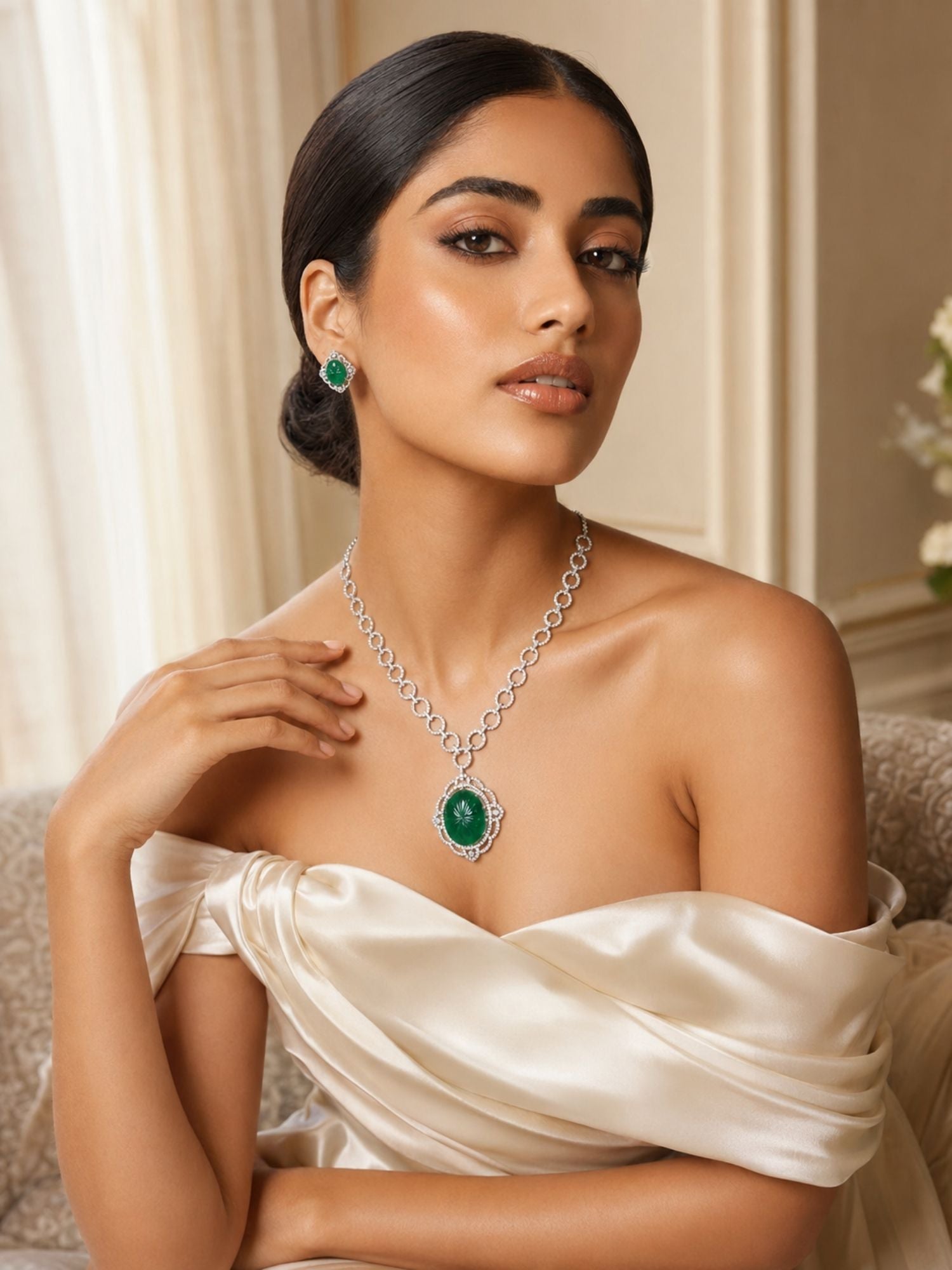 Silver Plated Pendant Necklace Set – Emerald Elegance | Abdesigns