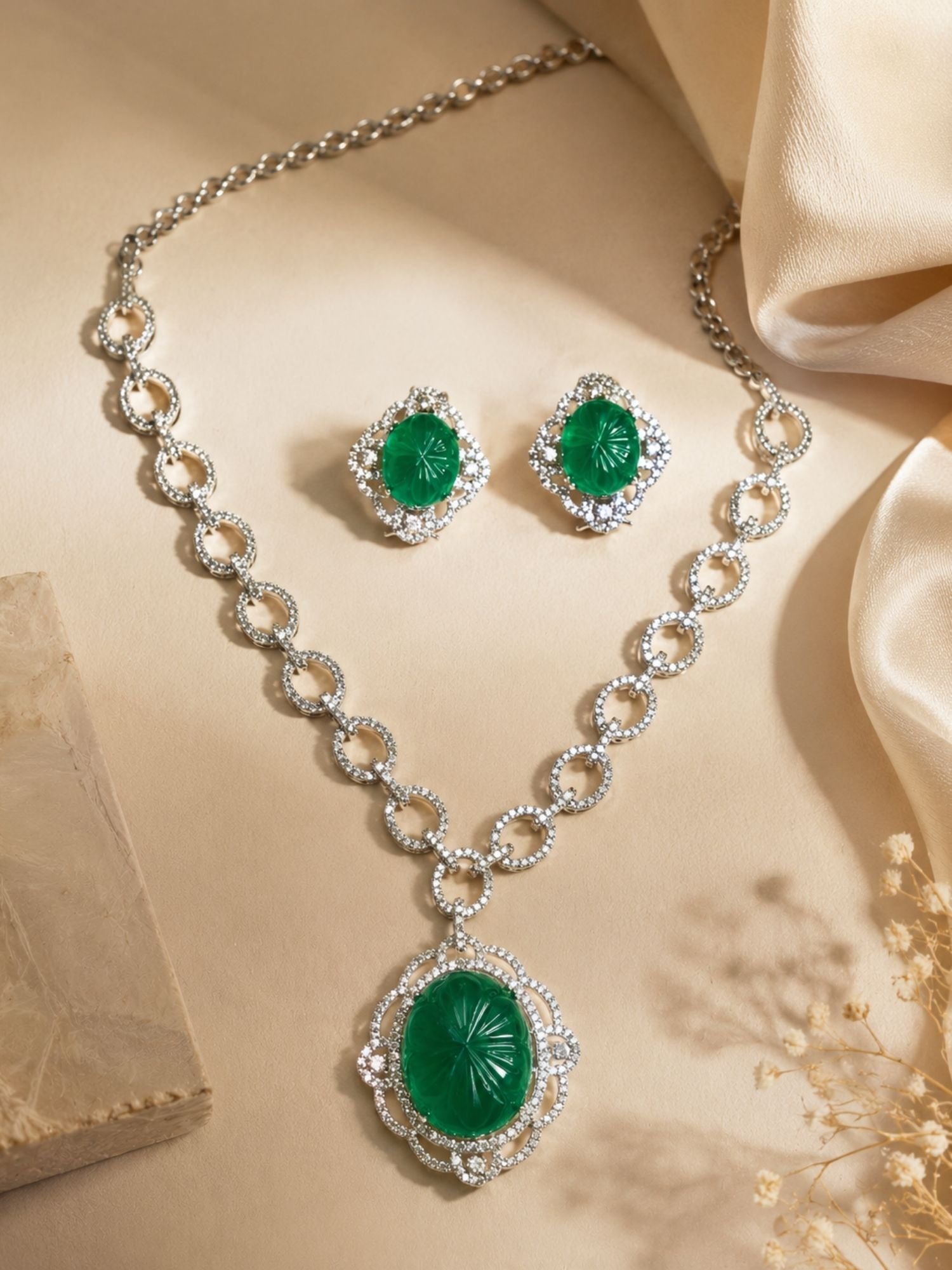 Silver Plated Pendant Necklace Set – Emerald Elegance | Abdesigns