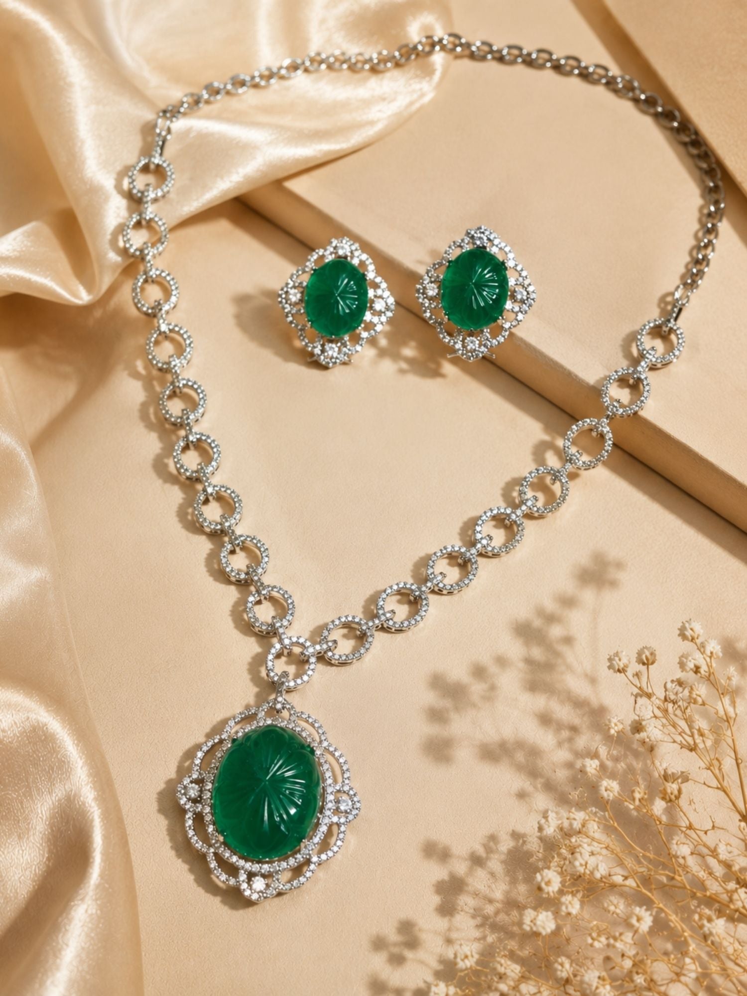 Silver Plated Pendant Necklace Set – Emerald Elegance | Abdesigns