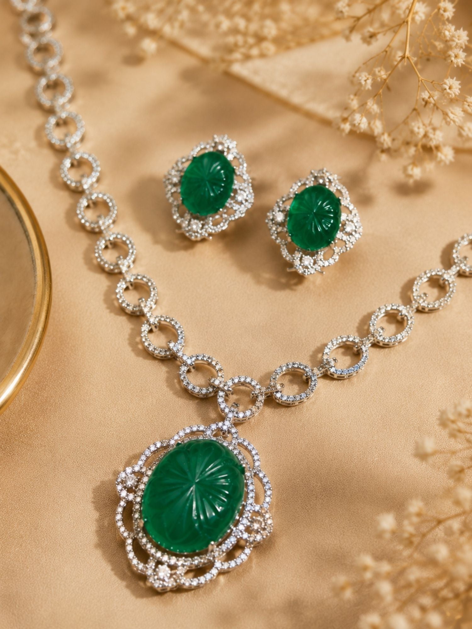 Silver Plated Pendant Necklace Set – Emerald Elegance | Abdesigns