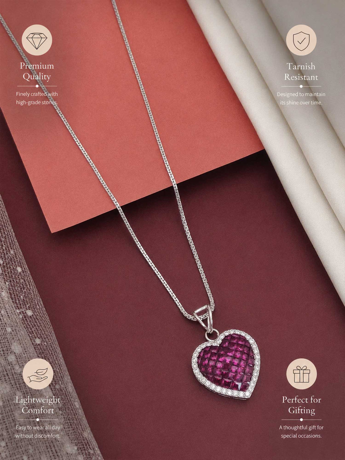 Abdesignsjewellery Crystal Diamond Heart Pendent Chain with purple heart-shaped pendant surrounded by clear crystals