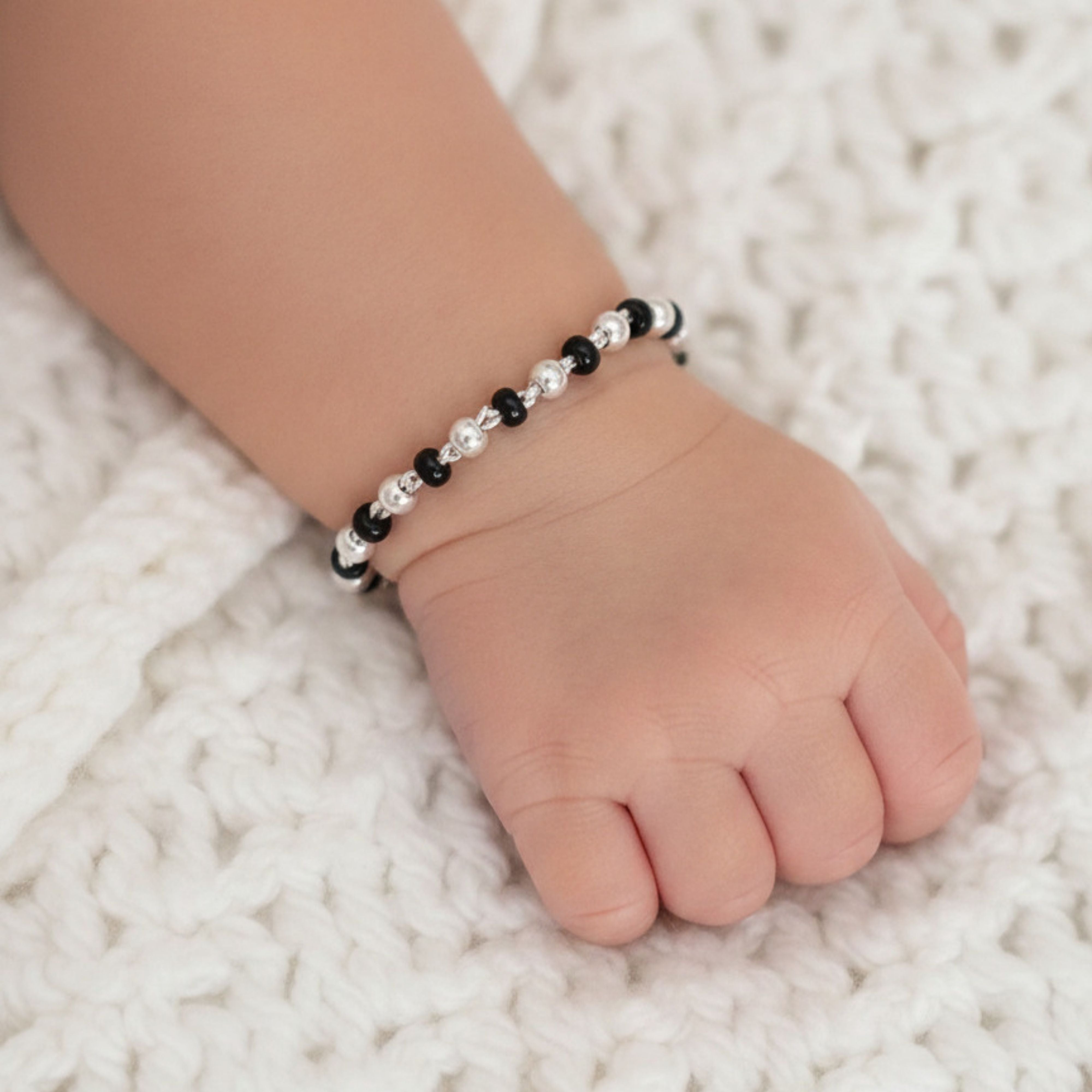 925 Sterling Silver Baby Nazariya Bracelet with Black Beads for Kids