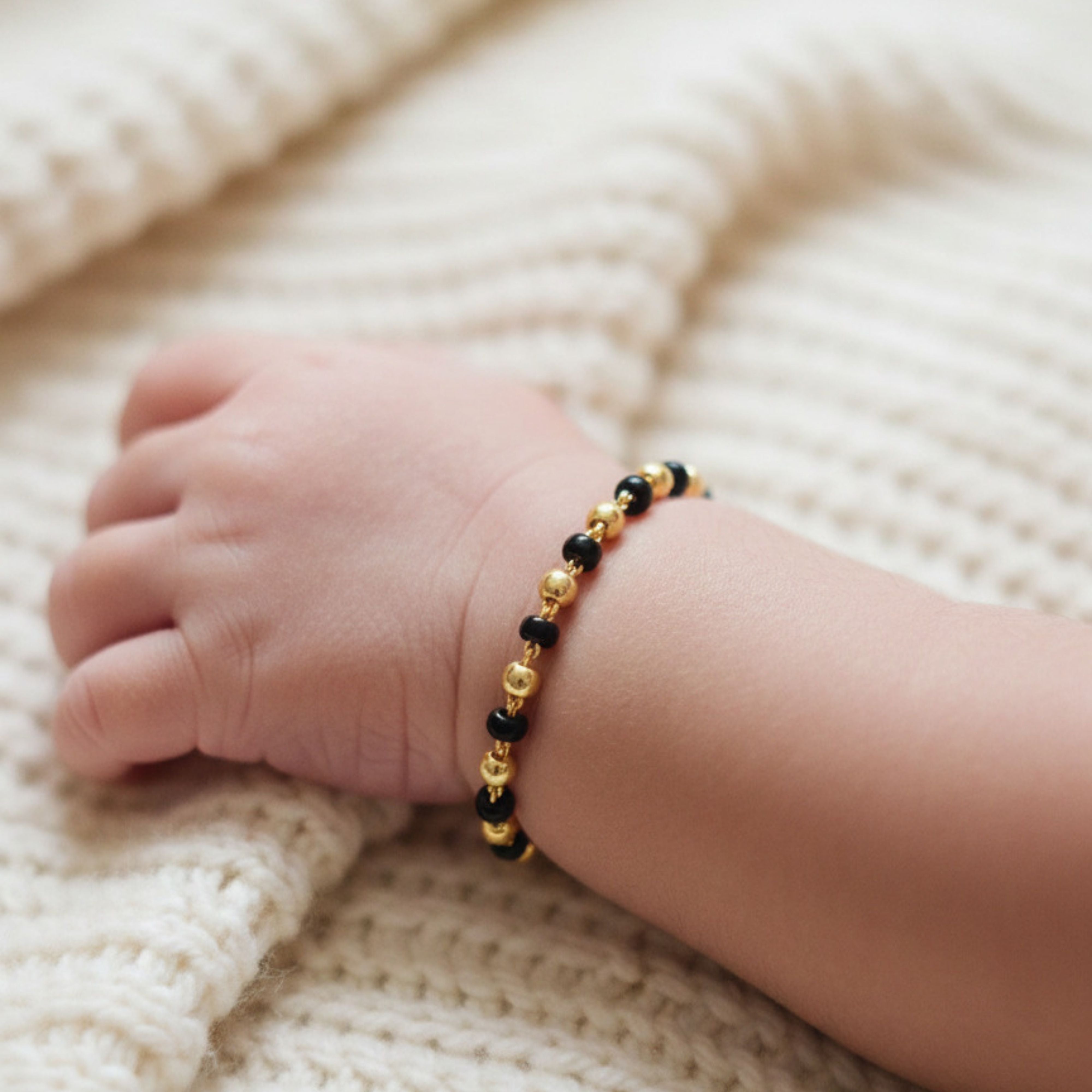 925 Sterling Silver Baby Nazariya Bracelet with Black Beads for Kids
