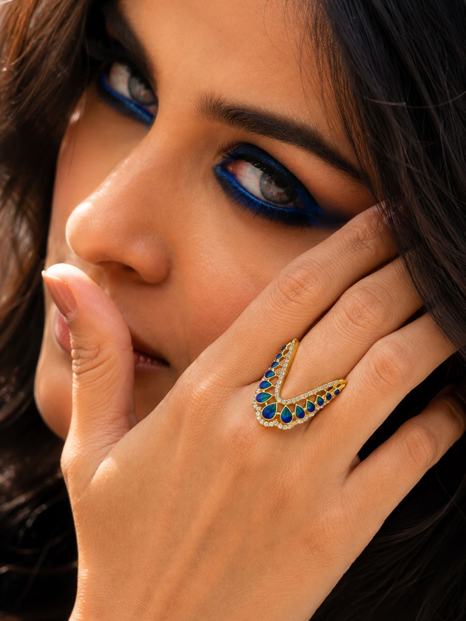 925 Sterling Silver Blue Enamel Teardrop Ring for Women on white background