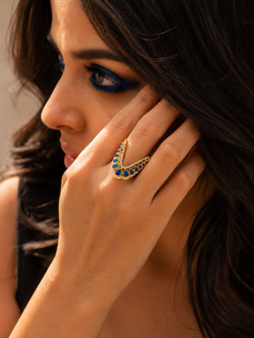 925 Sterling Silver Blue Enamel Teardrop Ring for Women – front view