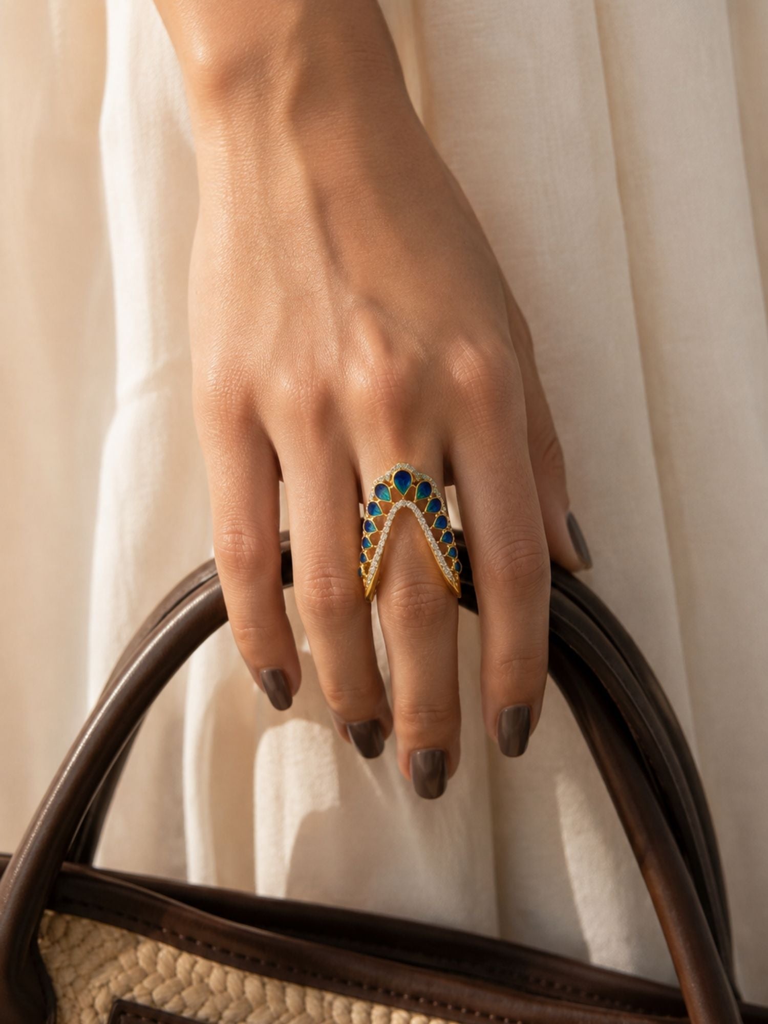 925 Sterling Silver Blue Enamel Teardrop Ring for Women – angled view