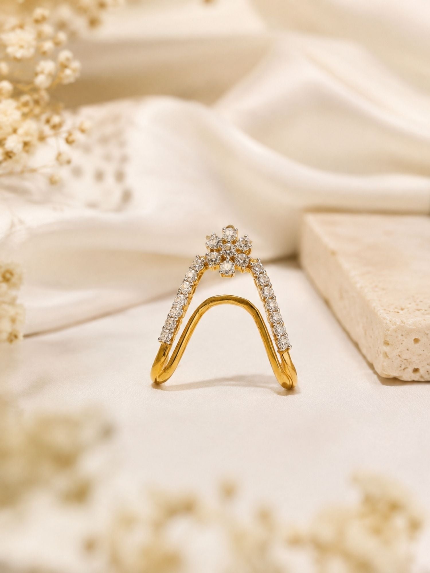 925 Sterling Silver Floral Chevron Ring for Women with AD stones – angled view