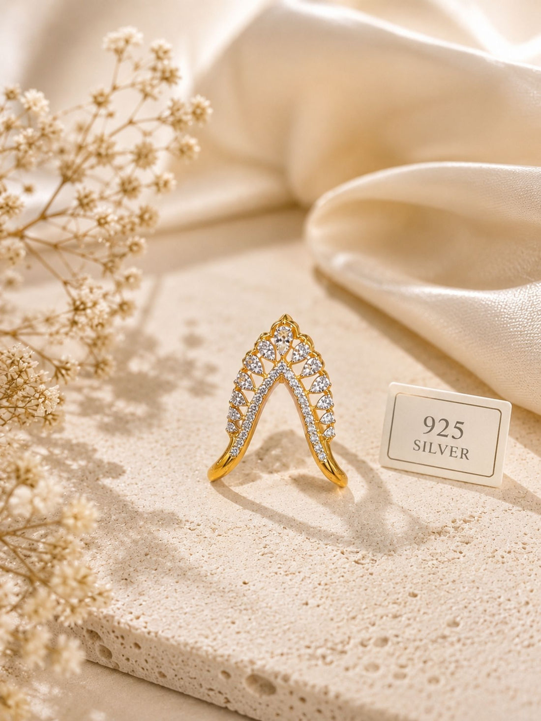 Sterling Silver V-Shaped AD Statement Ring for Women – front view