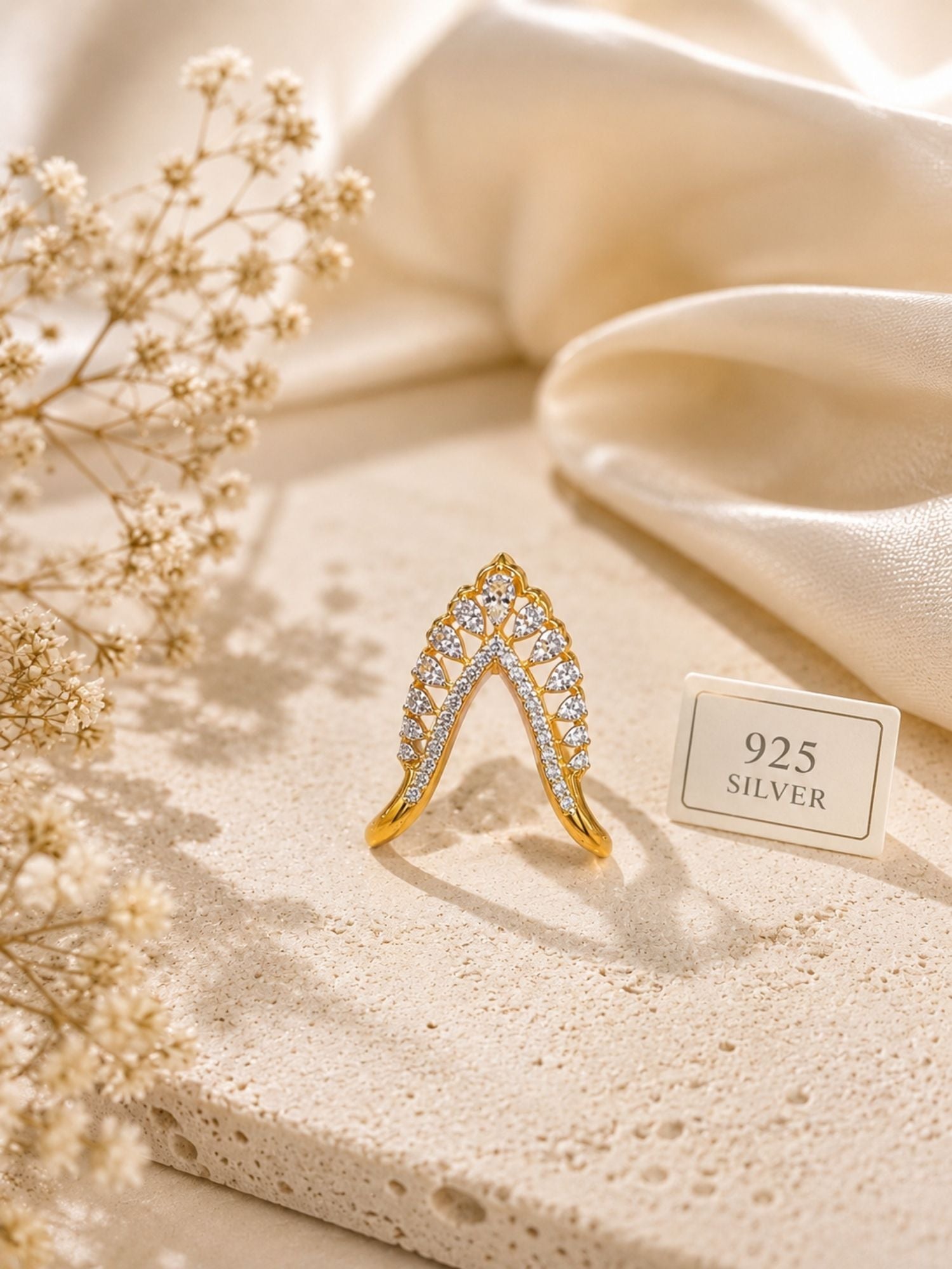 Sterling Silver V-Shaped AD Statement Ring for Women in 925 silver – angled view