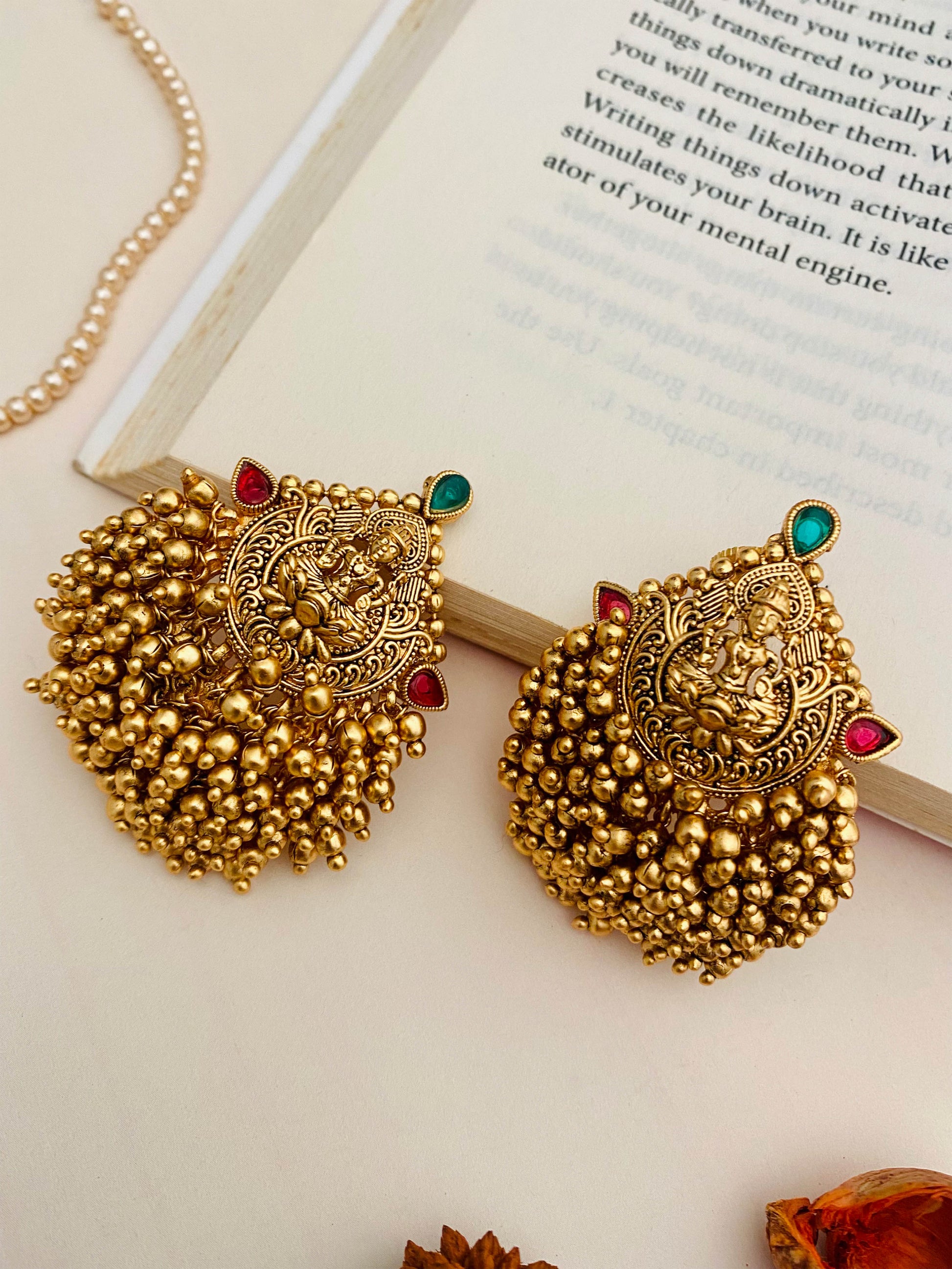 Classic Gold Plated Beaded Temple Cluster Laxmi Earrings - Abdesignsjewellery
