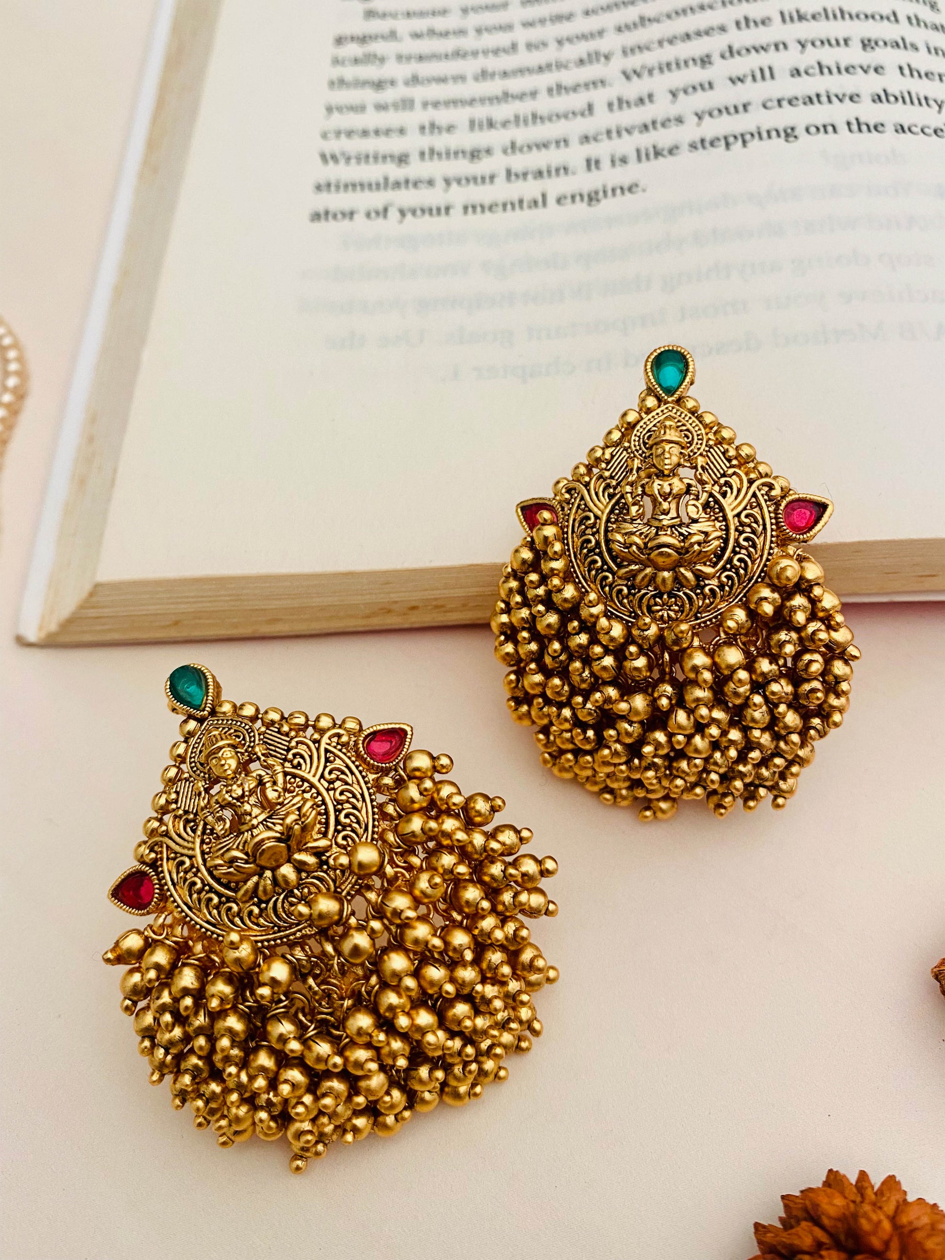 Classic Gold Plated Beaded Temple Cluster Laxmi Earrings - Abdesignsjewellery