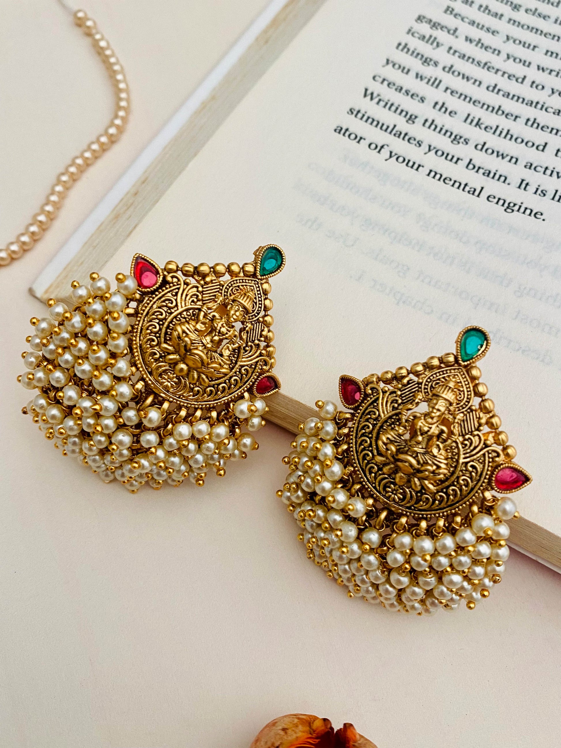Classic Gold Plated Beaded Temple Cluster Laxmi Earrings - Abdesignsjewellery