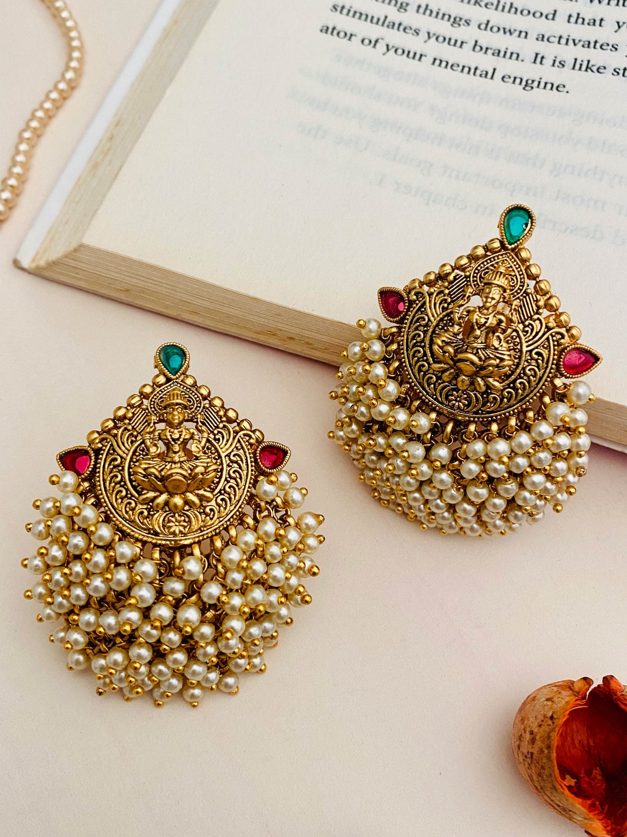 Classic Gold Plated Beaded Temple Cluster Laxmi Earrings - Abdesignsjewellery
