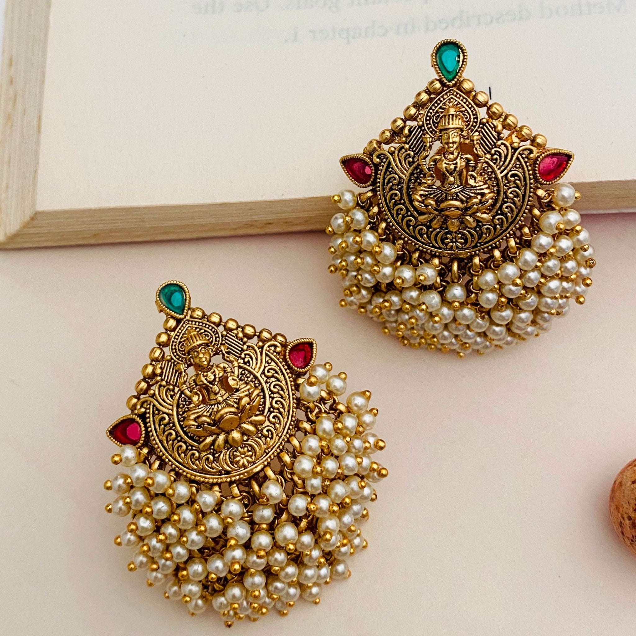 Classic Gold Plated Beaded Temple Cluster Laxmi Earrings