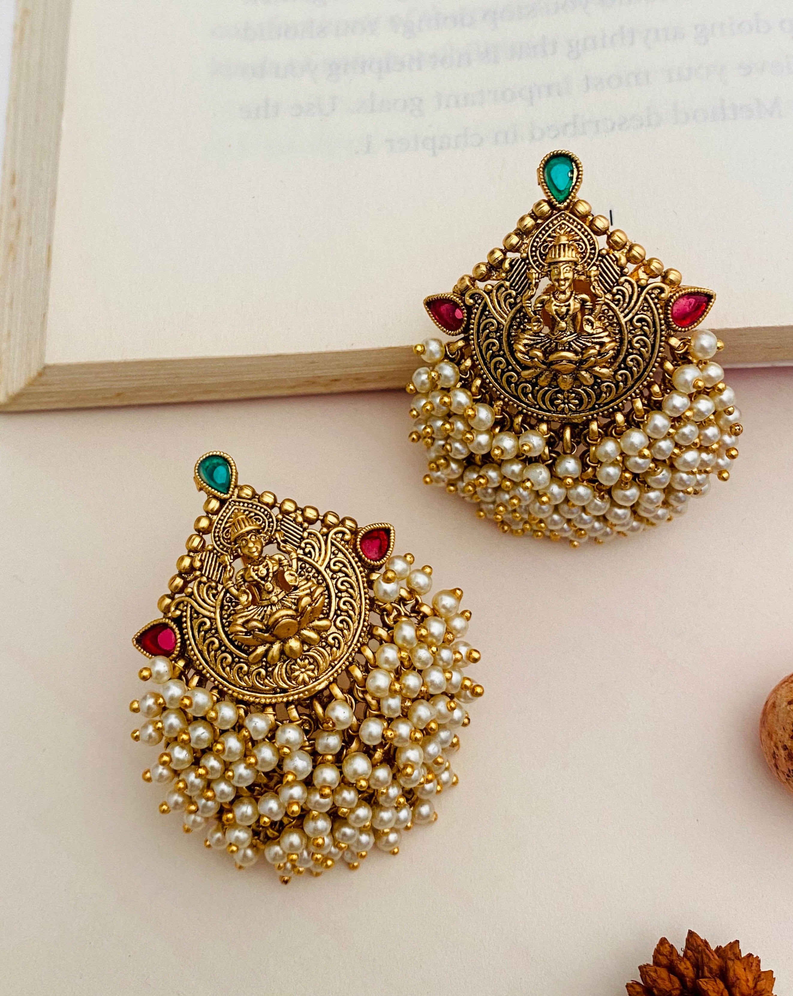 Classic Gold Plated Beaded Temple Cluster Laxmi Earrings - Abdesignsjewellery
