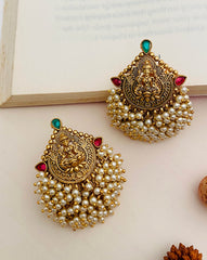 Classic Gold Plated  Beaded Temple Cluster Laxmi  Earrings