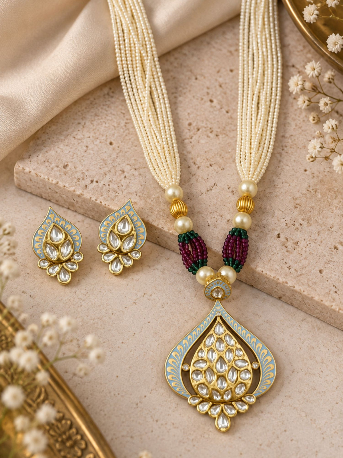 Kundan Pearl Teardrop Mala Necklace Set with Earrings, 4 Colours