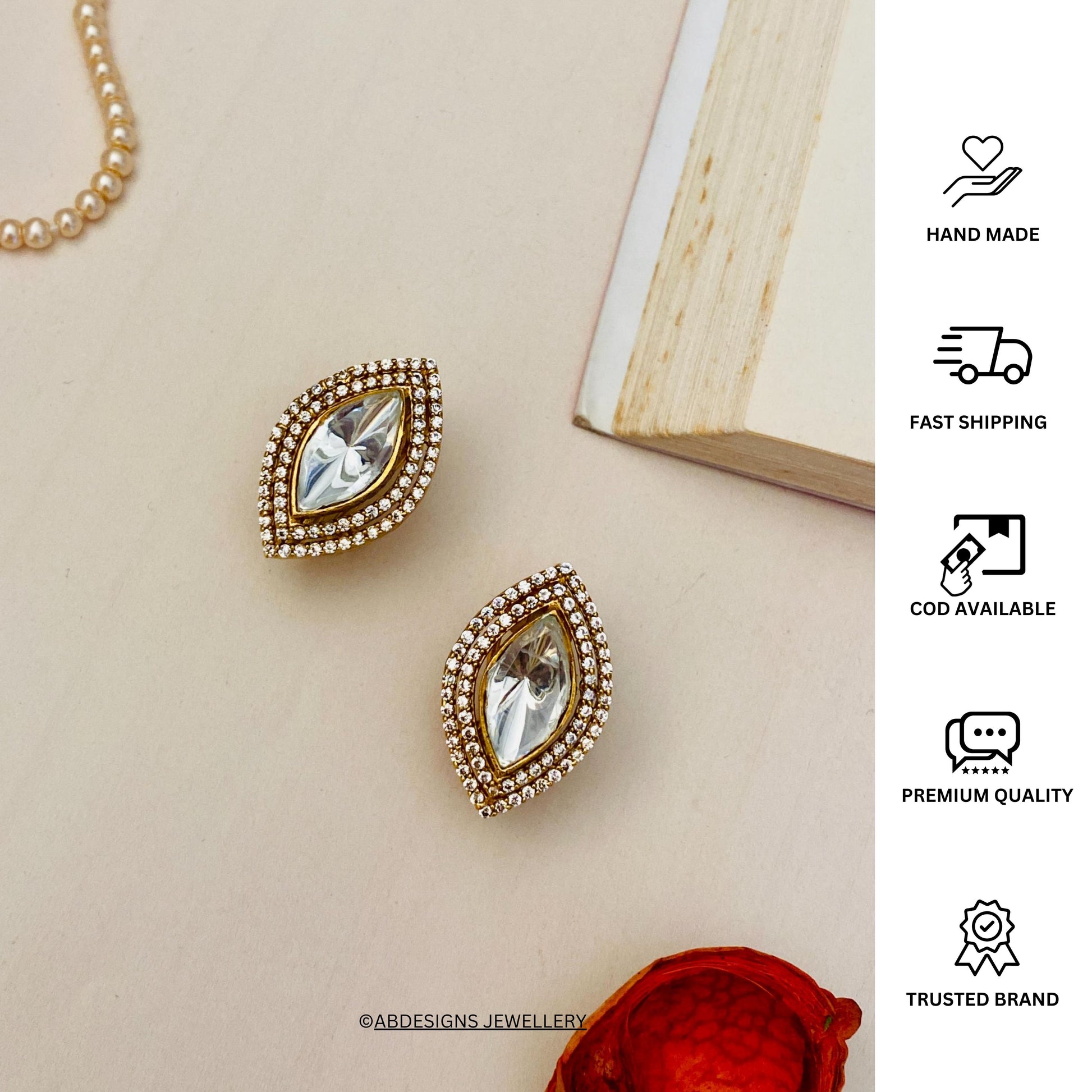 Classic Gold Plated Polki Marquise Earrings - Abdesignsjewellery