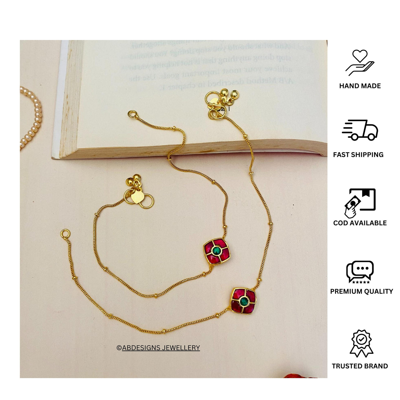 Enchanting Gold Plated Kemp Kundan Floral Anklets - Abdesignsjewellery