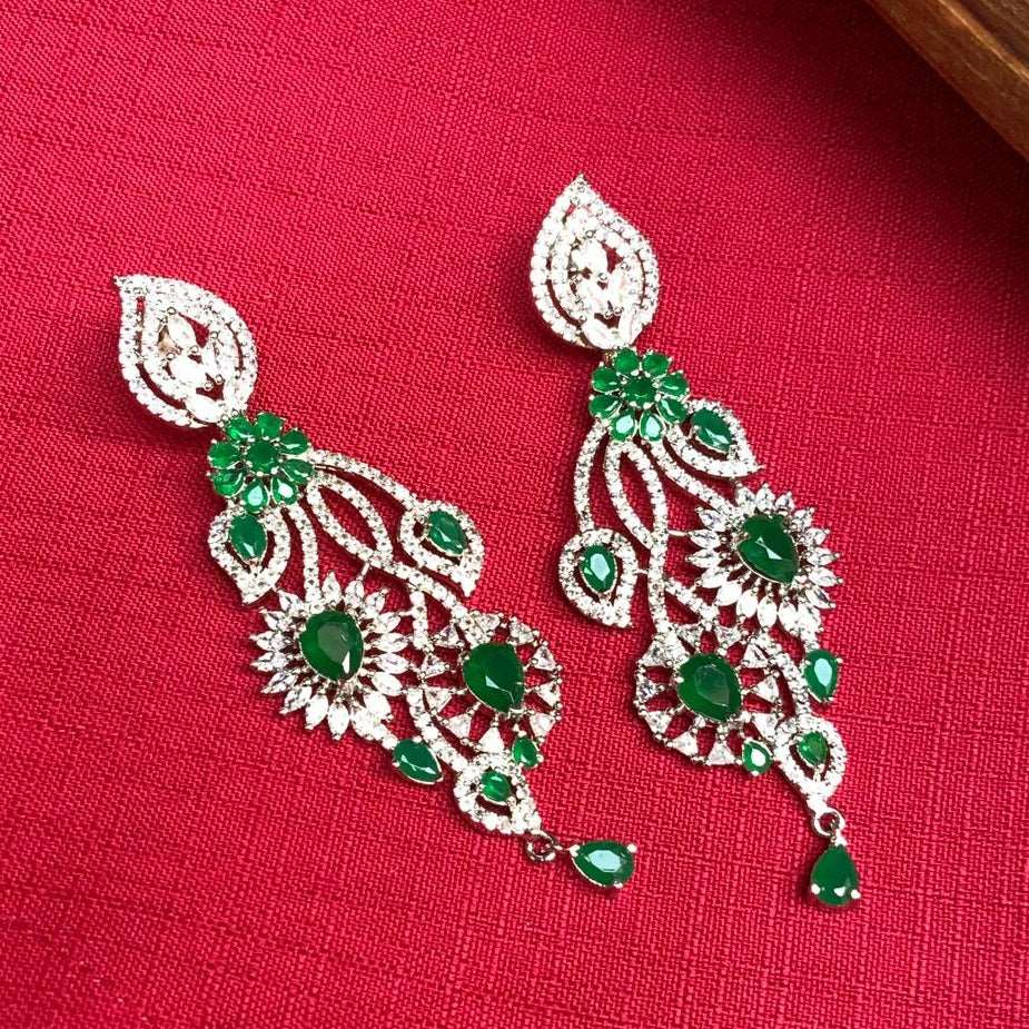 Amazing Green & Silver American Diamond Earrings - Abdesignsjewellery