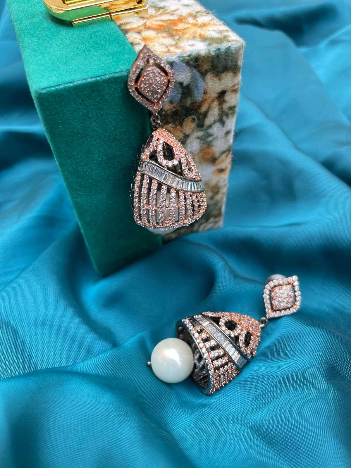 American Diamond Pearl Drop Jumkas Earring - Abdesignsjewellery