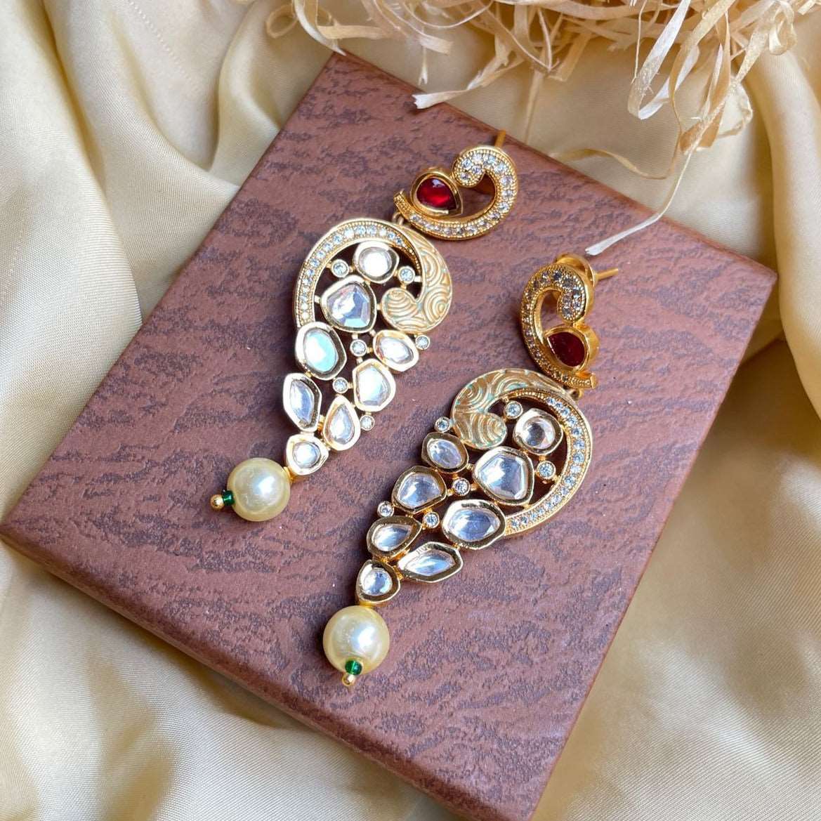 Antique Gold Plated Pearl Drop Kundan Earrings - Abdesignsjewellery