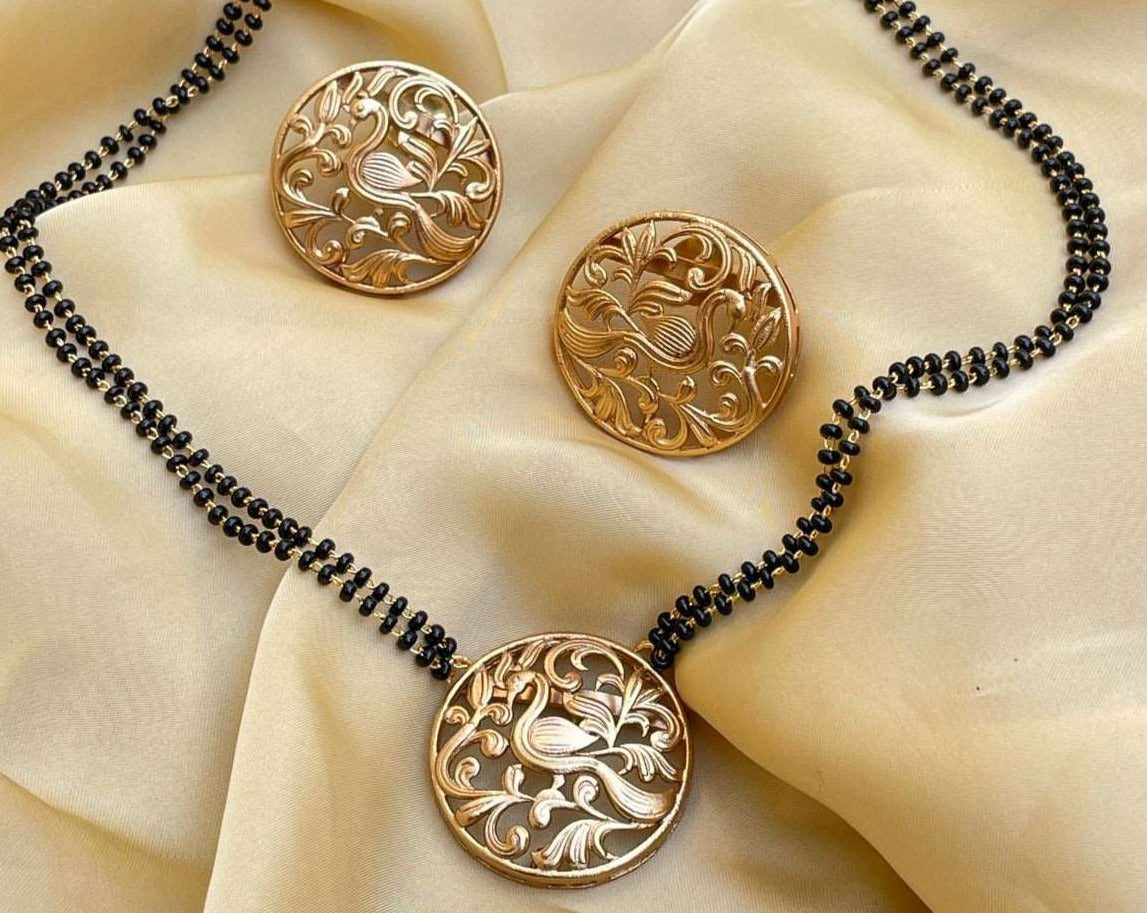 Antique Gold Round Peacock Mangalsutra & Earrings - Abdesignsjewellery