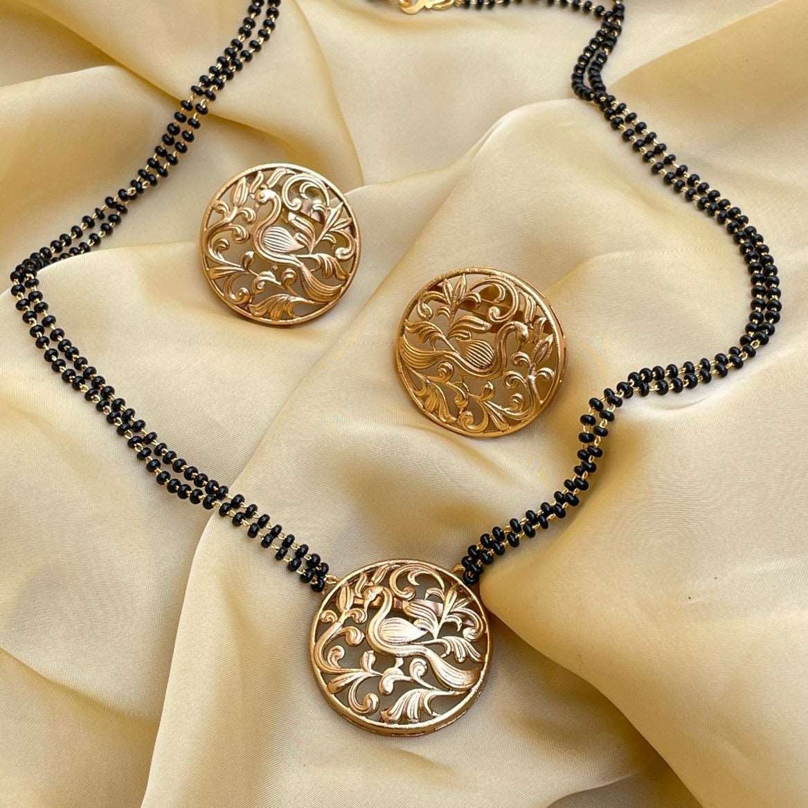 Antique Gold Round Peacock Mangalsutra & Earrings - Abdesignsjewellery