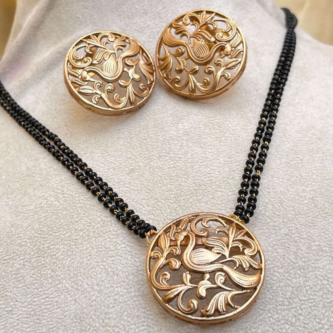 Antique Gold Round Peacock Mangalsutra & Earrings - Abdesignsjewellery