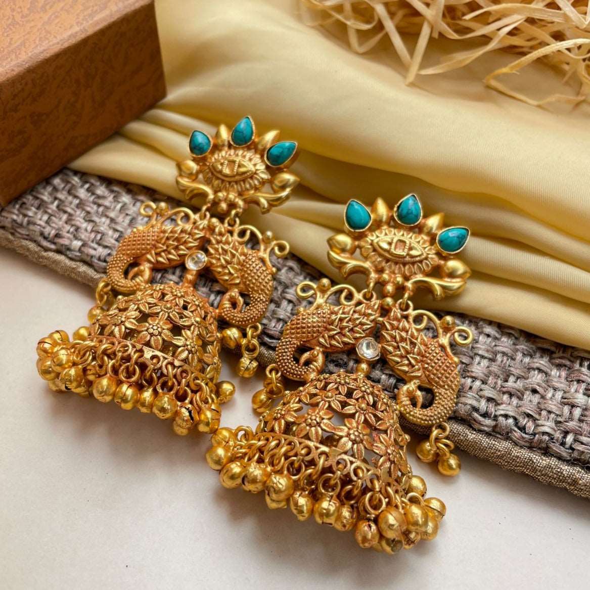 Gold Color Meena Work Peacock Inspired Oxidised Earrings (GSE2577GLD)