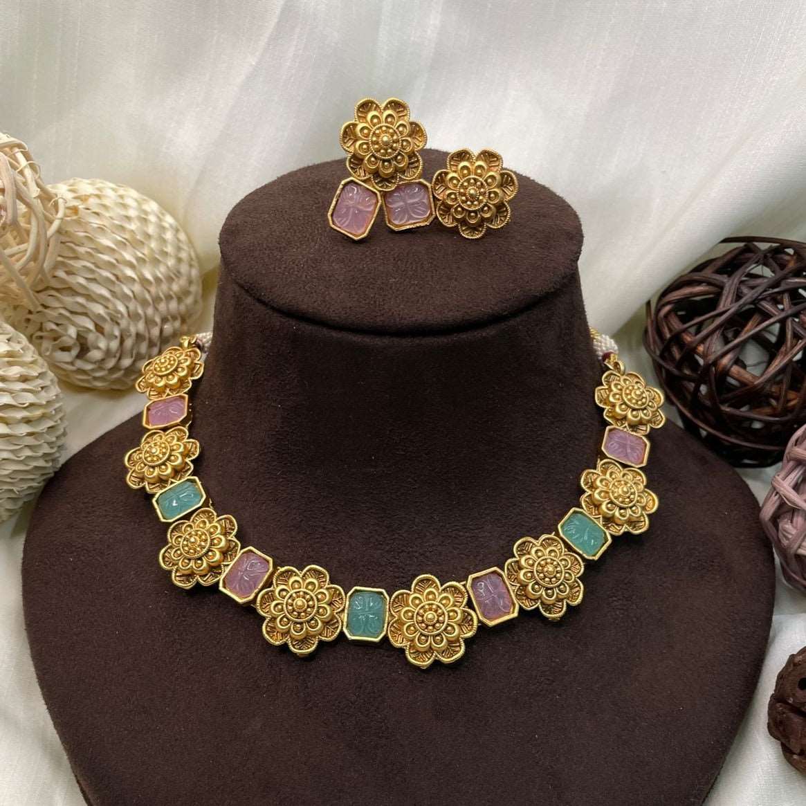 Antique Fusion Kemp Stone Necklace & Earrings - Abdesignsjewellery