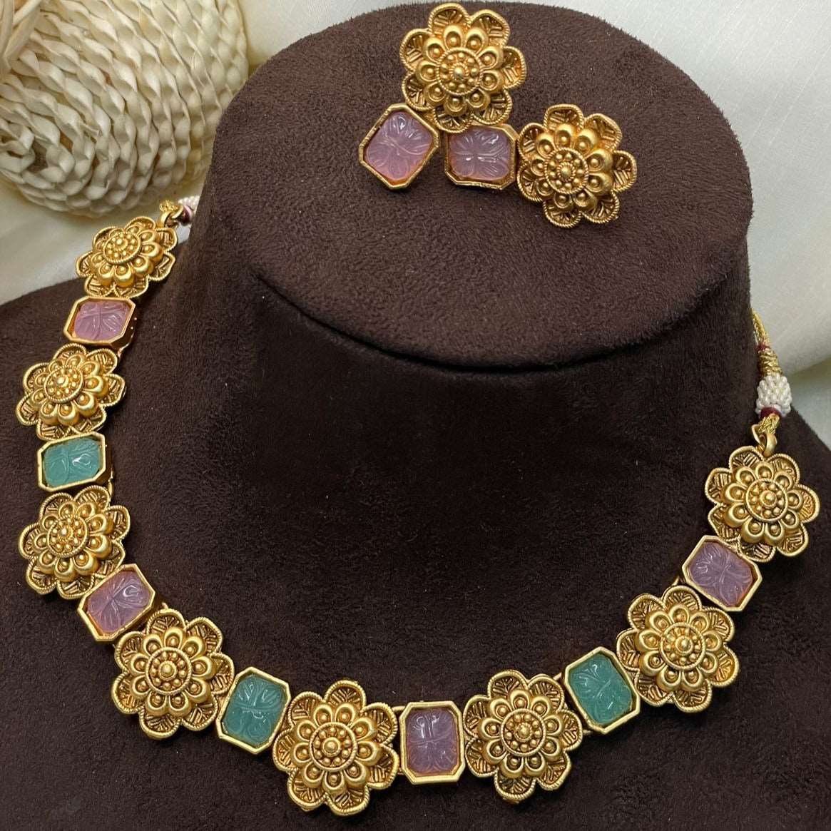 Antique Fusion Kemp Stone Necklace & Earrings - Abdesignsjewellery