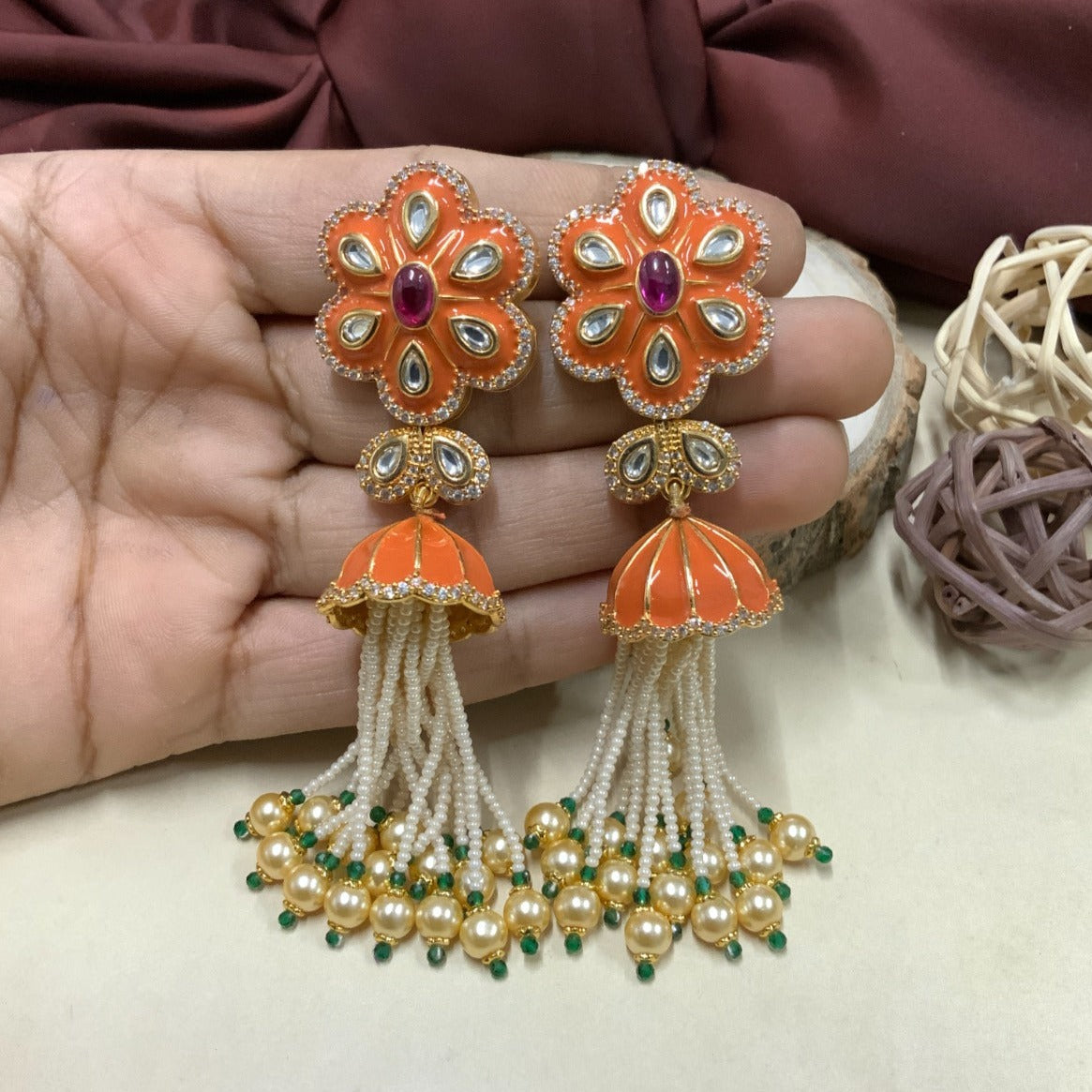 Meenakari Hanging Pearl Drop Earrings