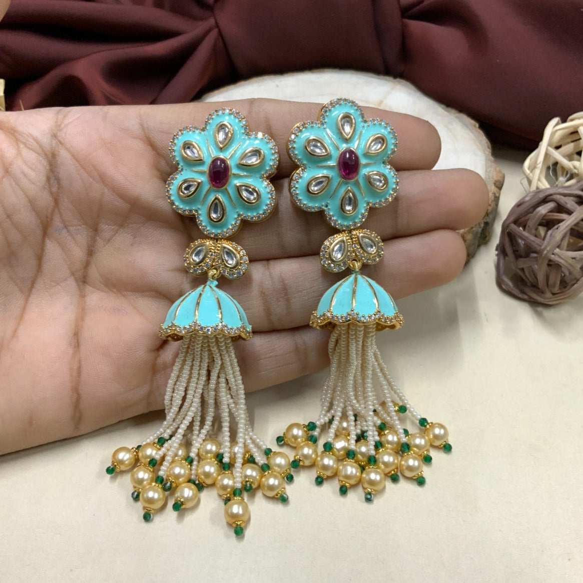 Meenakari Hanging Pearl Drop Earrings