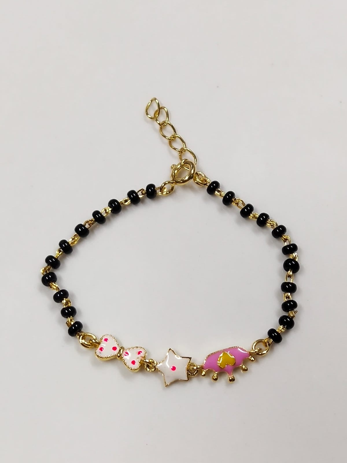 925 Sterling Silver Gold Plated Kids Black Bead Bracelet with Enamel Charms
