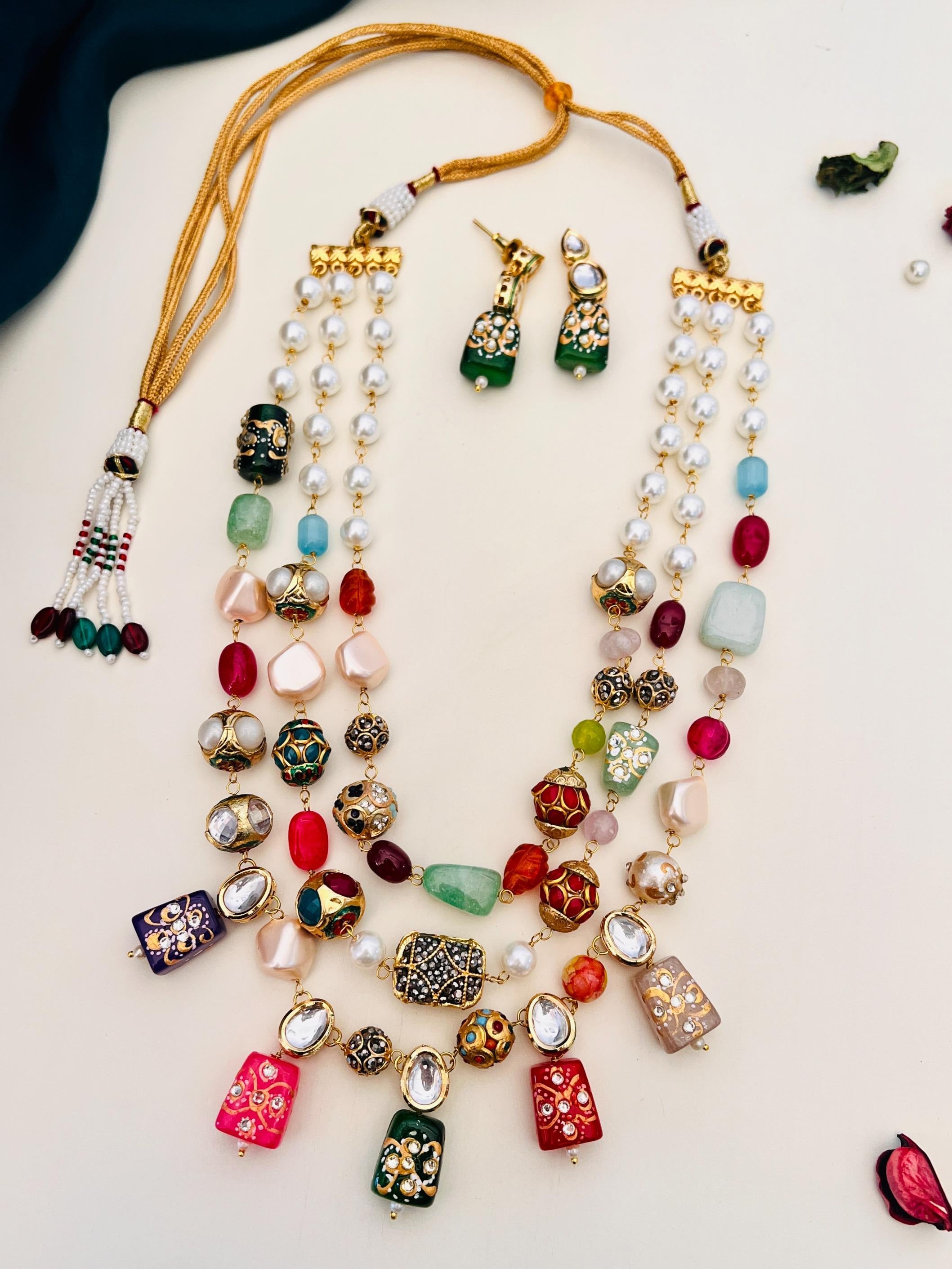 Abdesignsjewellery Multicolour Bead Necklace Set with intricate designs and matching earrings