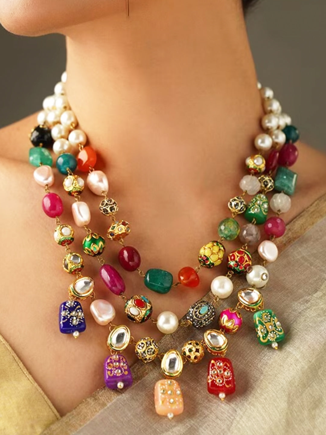 Multicolour Bead Necklace Set featuring assorted stones and pearls, suitable for festive occasions
