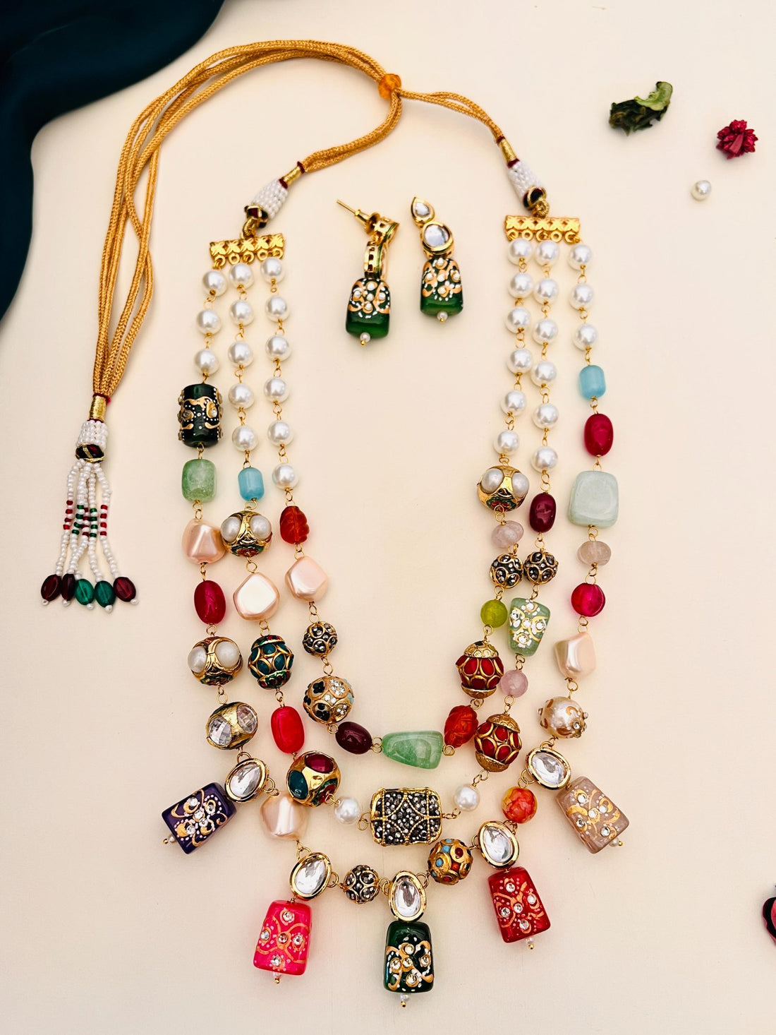 Multicolour Bead Necklace Set featuring assorted stones and pearls, suitable for festive occasions