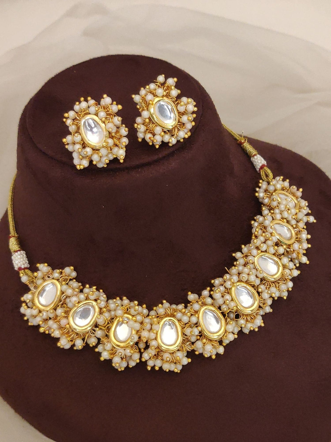 Abdesigns Bridal White Kundan Pearl Choker Set gold tone necklace with clustered pearls and matching earrings
