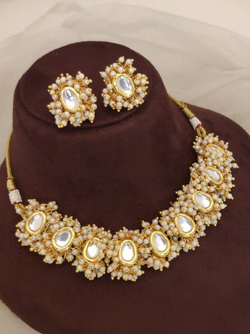 Abdesigns Bridal White Kundan Pearl Choker Set gold tone necklace with clustered pearls and matching earrings