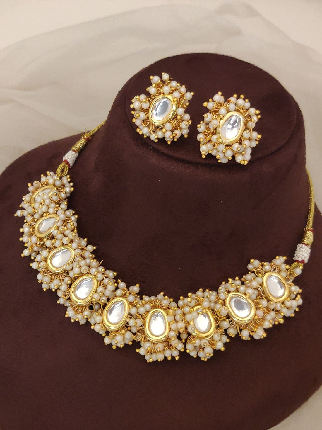 Abdesigns Bridal White Kundan Pearl Choker Set gold tone necklace with clustered pearls and matching earrings