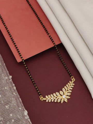 Abdesigns Gold Leaf CZ Mangalsutra black bead chain with gold leaf cubic zirconia pendant for brides