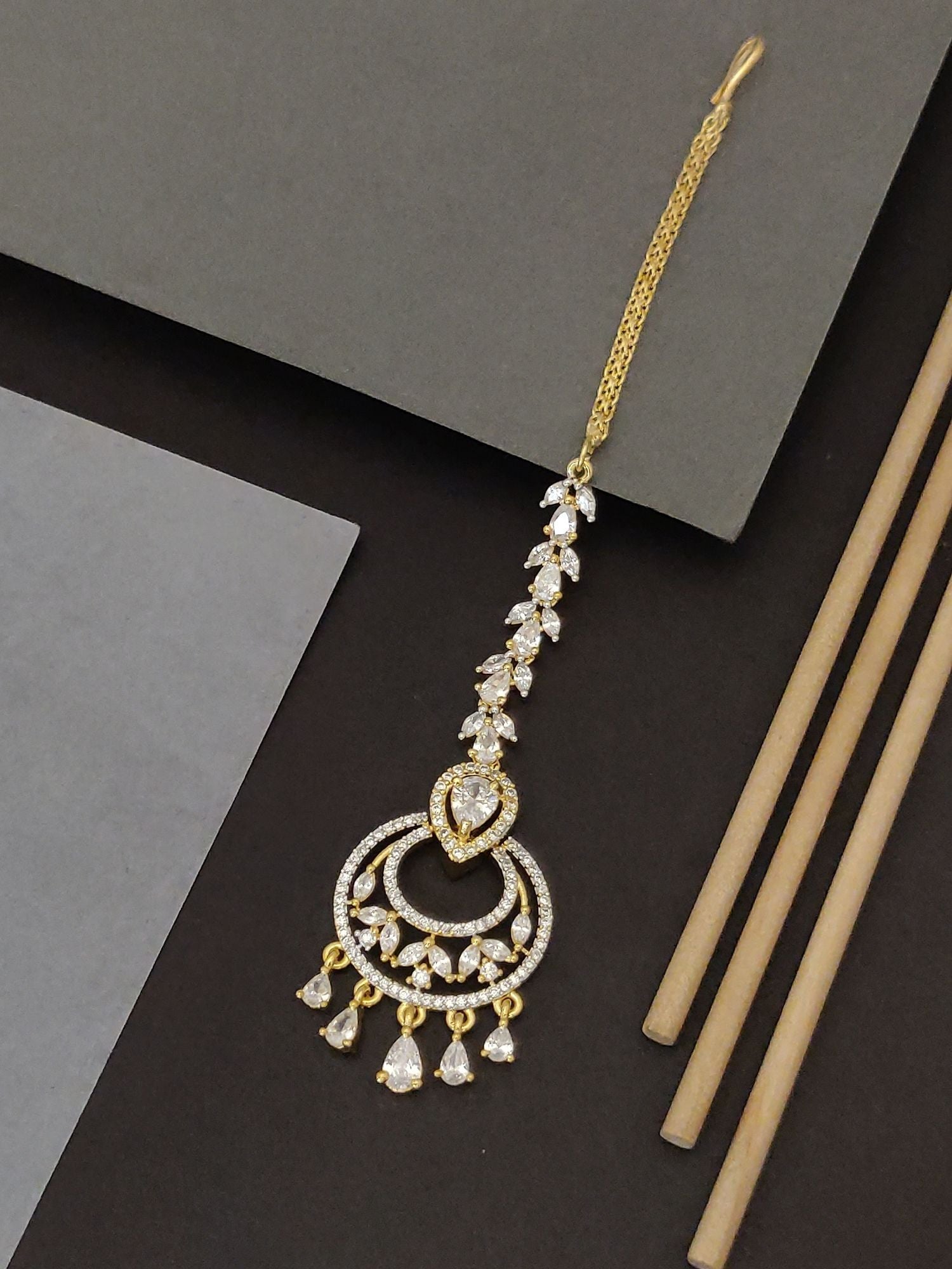 Abdesigns Gold Plated CZ Bridal Maangtikka with circular pendant dangling teardrop CZ stones and chain