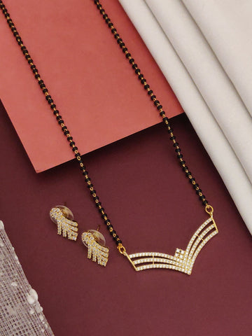 Abdesigns Gold-Plated CZ Mangalsutra with Earrings.. V-shaped CZ pendant and matching earrings on black bead chain